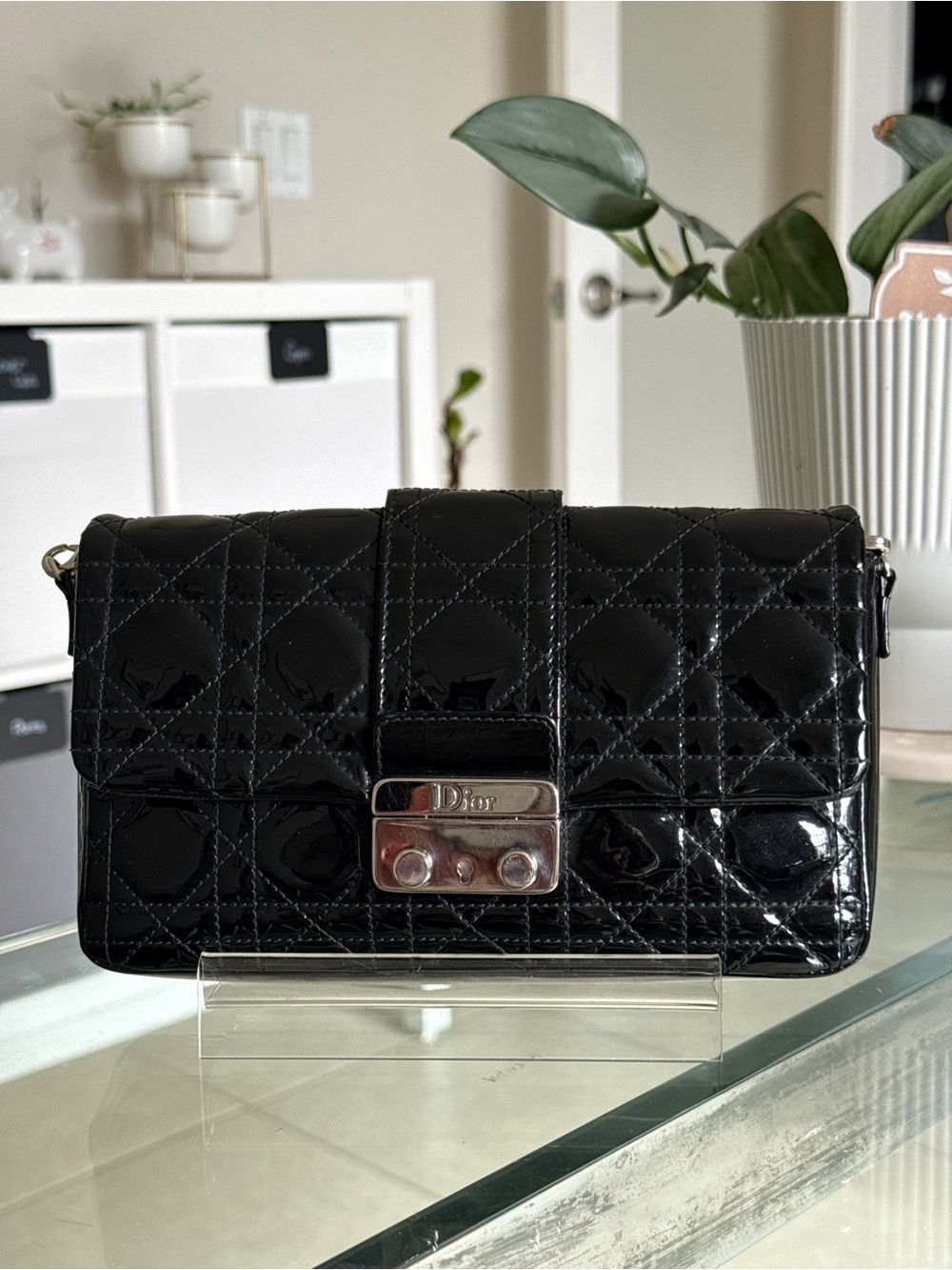 Dior Cannage New Lock Black Patent Chain Shoulder Bag